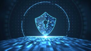 Bouclier avec une serrure au milieu qui représente la sécurité informatique