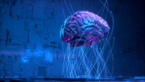 Cerveau électronique relié à des fils et accroché